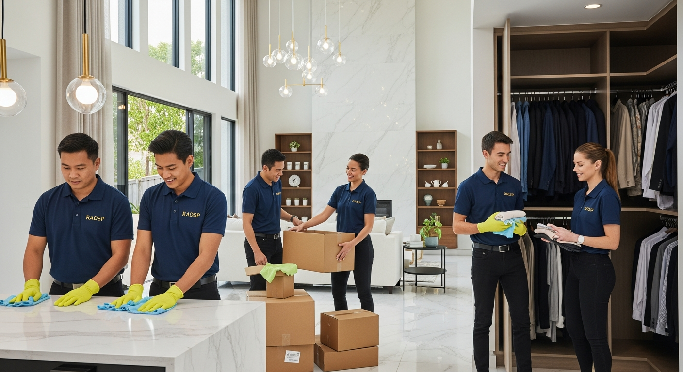 The RADSP Cleaning & Solutions team in branded polos cleaning, unpacking and organising a premium Adelaide home